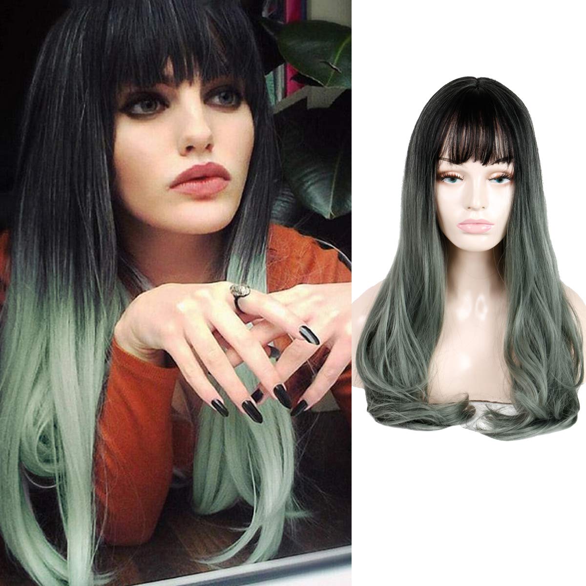 Queentas Two Tone Ombre Ash Green Wig Long Curly Hair Synthetic Heat Resistant For Cosplay