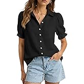 LOMON Women's Cotton Linen Button Down Shirts V Neck Short Puff Sleeve Cute Top Collared Summer Work Blouses Dressy Casual