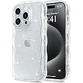 Pepmune for iPhone 15 Pro Case Clear, Cute Sparkly Bling Glitter Curly Wave Frame Transparent Cover for Women Girls Men Shiny TPU Bumper Drop Protection Shockproof Phone Case for iPhone 15 Pro, Clear