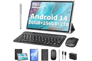 RELNDOO 2025 Tablet, Android 14 Tablets 10 inch with Keyboard, 26GB RAM+256GB ROM(2TB Expand), 2-in-1 Tablets with 8-Core, 8000mAh, 5G WiFi, Widevine L1, GMS, with Case, Keyboard, Mouse, Stylus(Black)