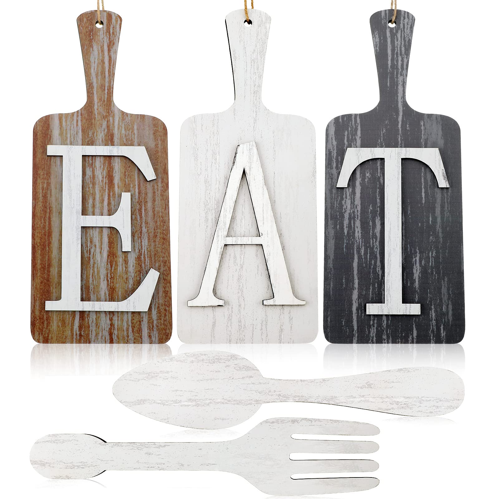 Photo 1 of Jetec Cutting Board Eat Sign Set 15 x 6 Inch Hanging Wood Eat Signs Fork and Spoon Wall Decor Kitchen Decor Rustic Primitive Country Farmhouse Kitchen Supplies for Home