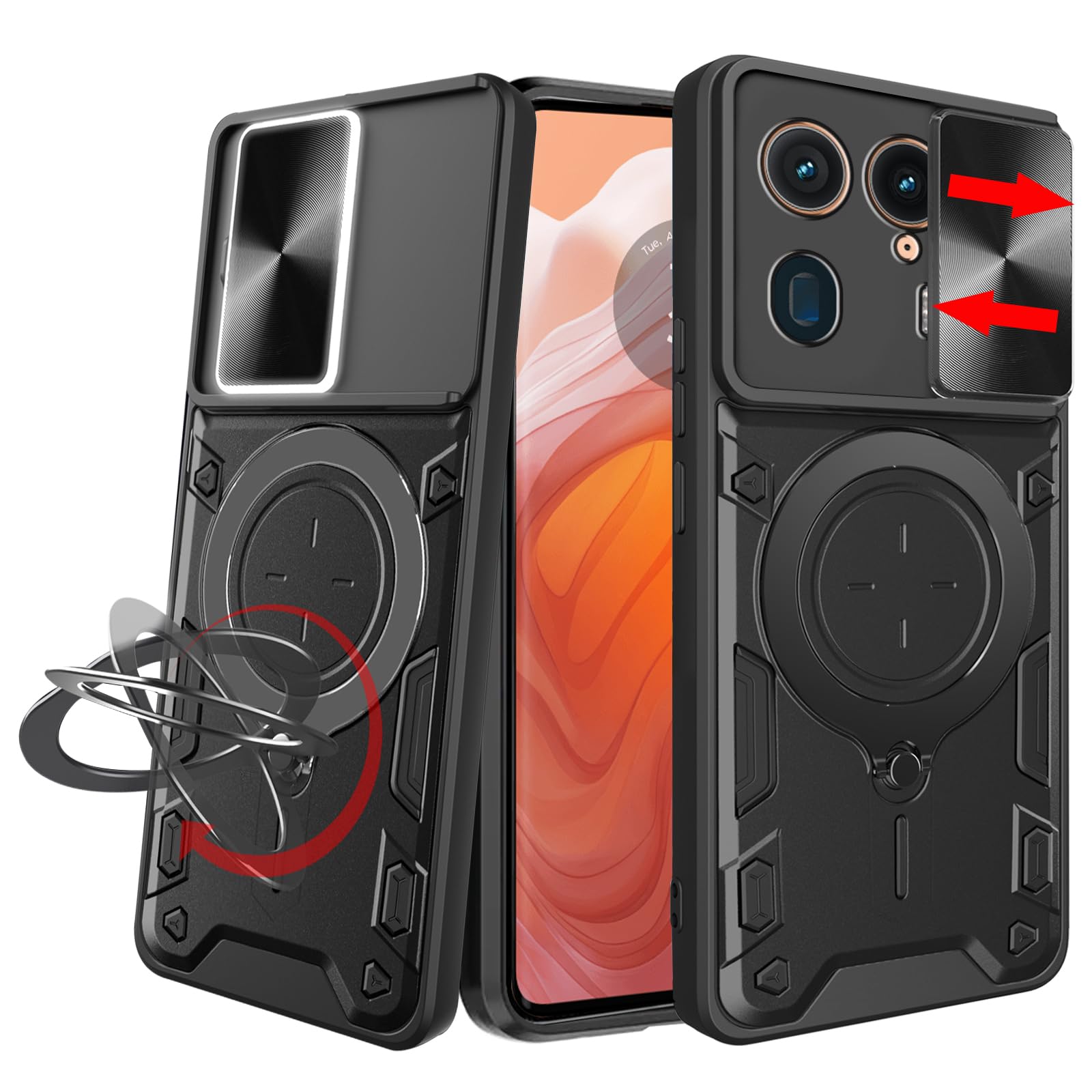 KZIOACSH Case for Motorola Edge 50 Ultra 5G, Military Grade Hard PC+TPU Rugged Bumper Cover [Camera Protection] Heavy Duty Anti-Scratch Back Phone Case with Enhanced Metal Car Mount Holder,Black