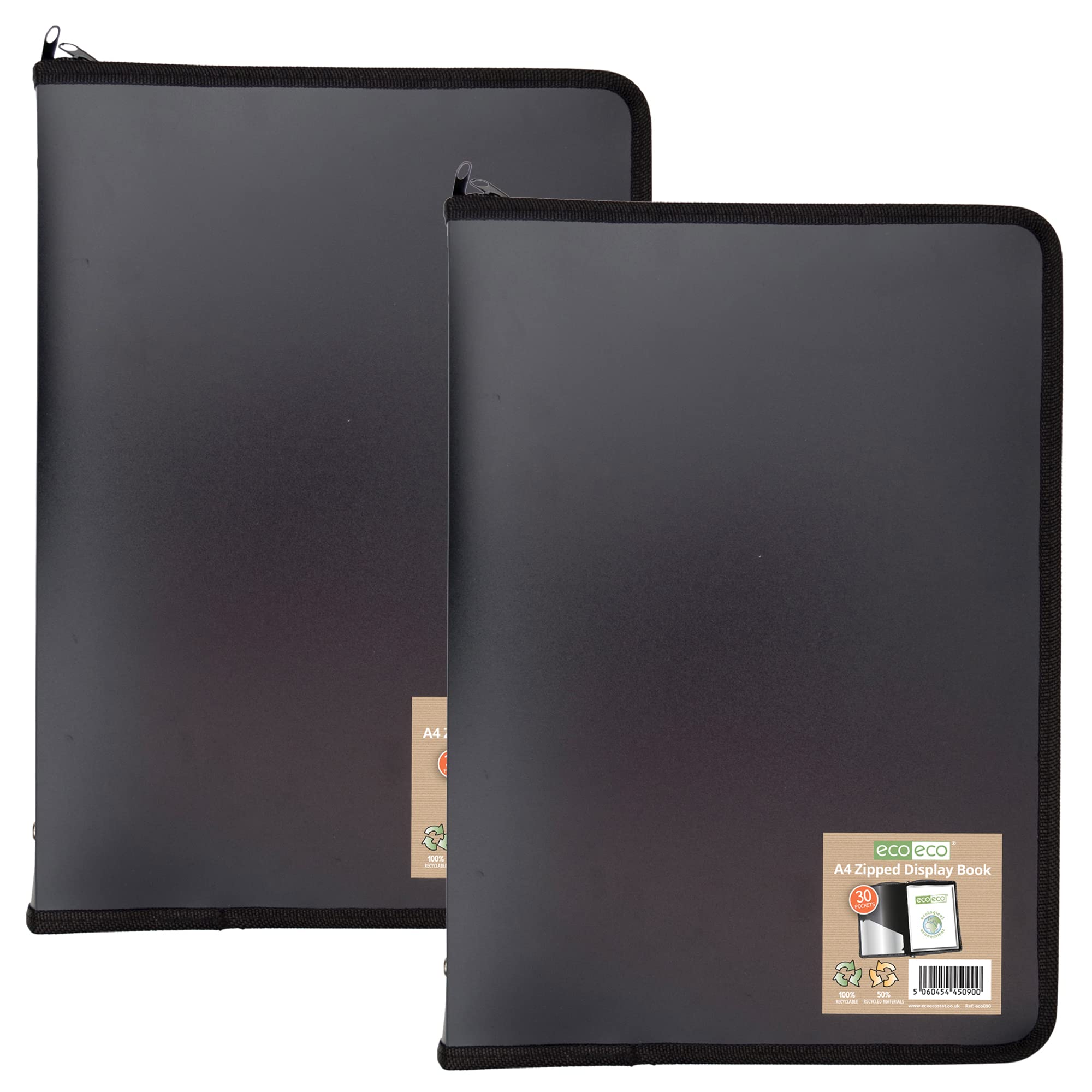 eco-eco A4 50% Recycled 30 Pocket Black Zipped Presentation Display Book, File Folder, Artwork Portfolio with Plastic Sleeves, (Pack of 2) eco090x2