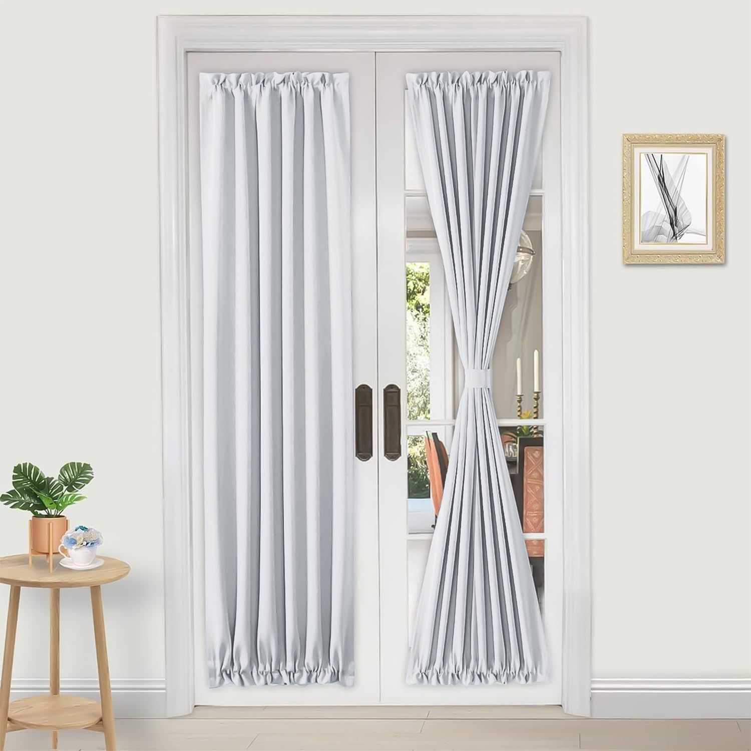 DWCN French Door Curtains – Rod Pocket Thermal Curtain for Doors with Glass Window, Kitchen and Patio Doors for Privacy, 23 X 72 Inches Long, 1 Curtain Panel with Tieback, Greyish White