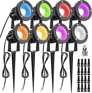 Landscape Lights LUYE 12W RGB Remote Control LED Landscape Lighting with Low Voltage Connector Pathway Lights IP66 Waterproof Color Changing Garden Yards Decorative Lights for Indoors Outdoors 8 Pack