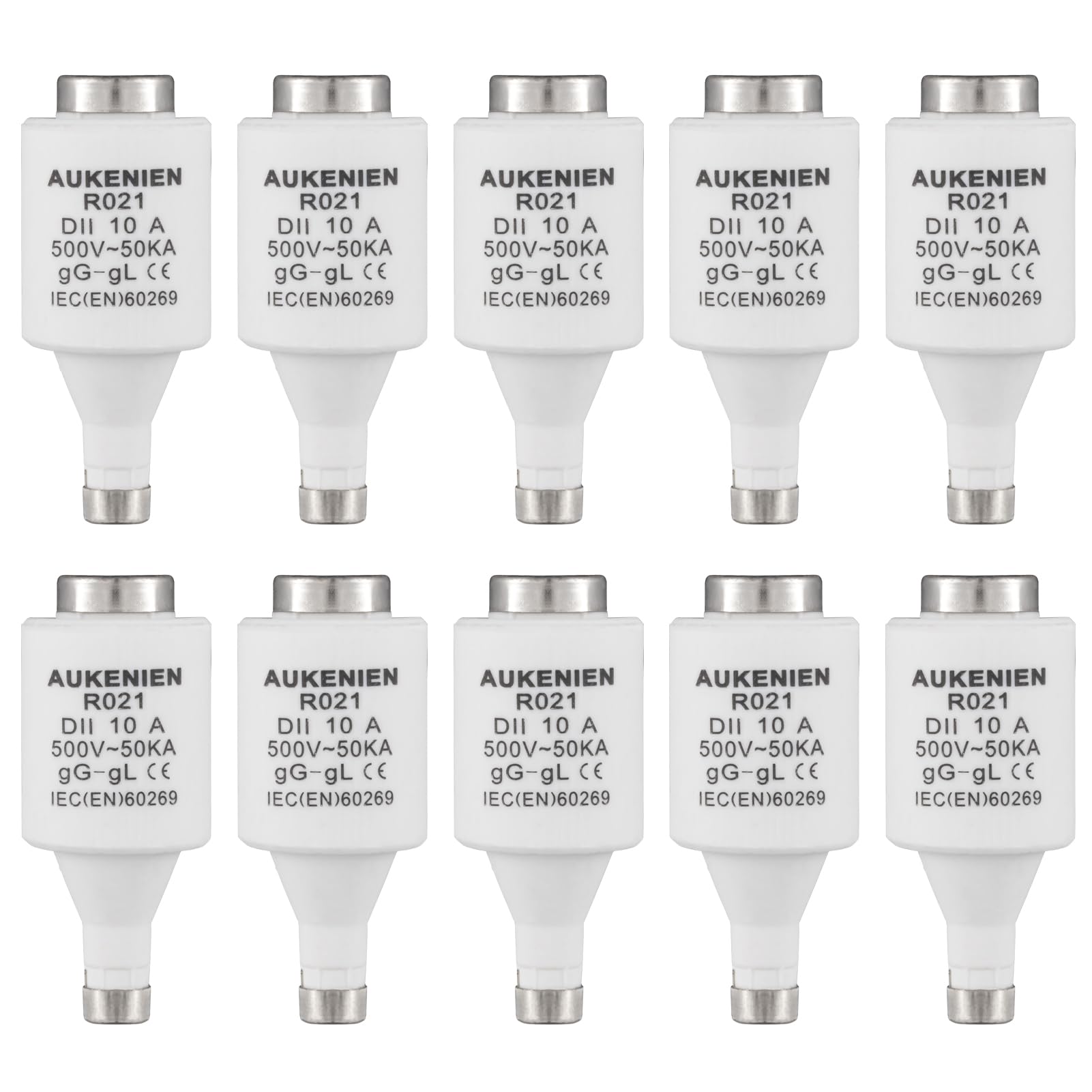 AUKENIEN DII E27 R021 Spiral Ceramic Fuses Diazed 10 Amp Fuse 10A 500V 50KA gG for Cable and Line Protection (Pack of 10)
