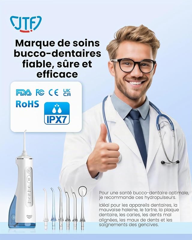 Jet Dentaire Hydropulseur Oral - 300 ML Sans Fil Irrigateur, 3+1 Modes, Étanche IPX7 Water Flosser, Idéal pour Orthodontie, Appareil Dentaire, Gencives Sensibles Maison et Les Voyages(Blanc)