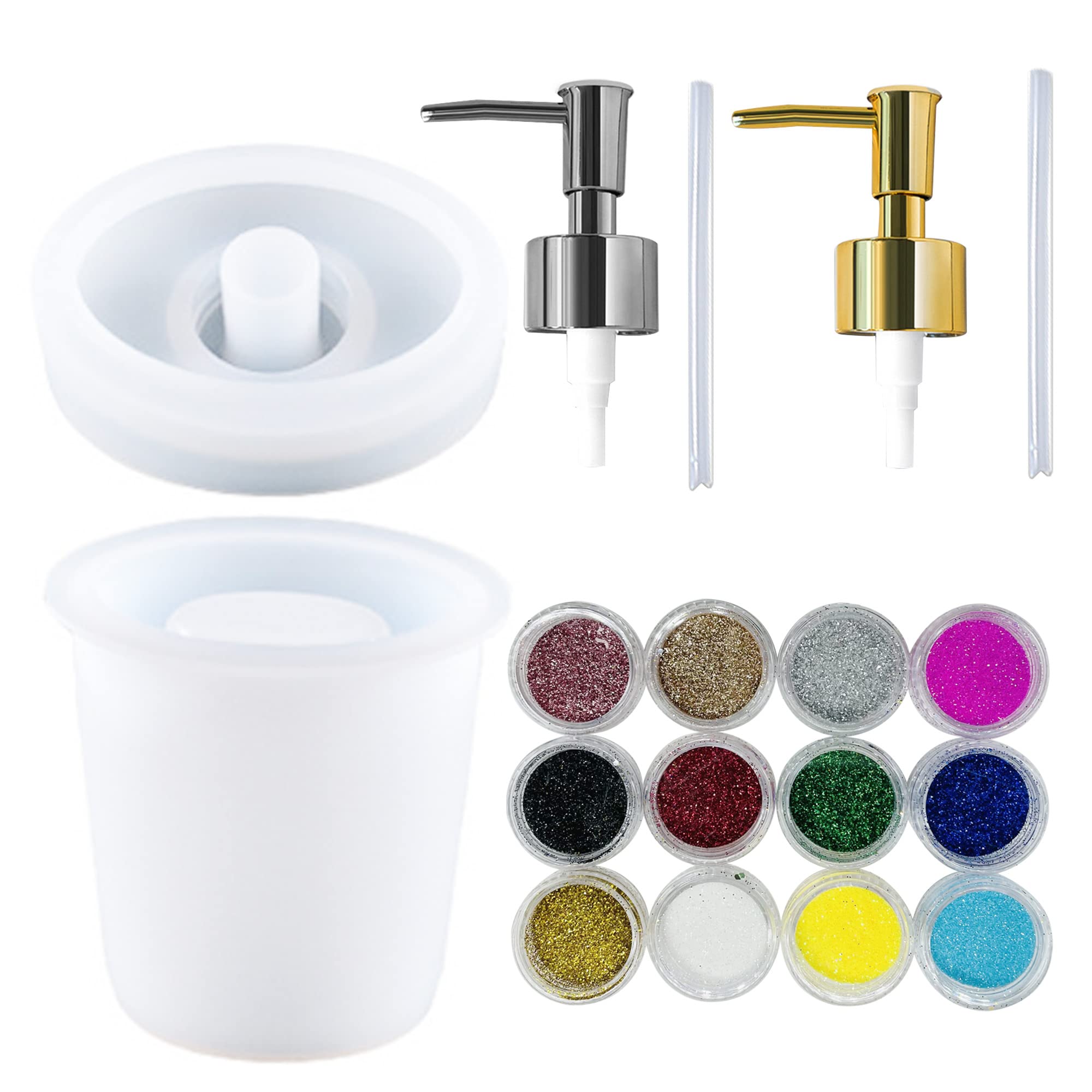 Cayway Large Jar Silicone Resin Mould with Pump, Cylinder Epoxy Resin Silicone Mould with Bottle Cap and 2 Pumps, 12 Color Sequins for DIY Making Bottle, Kitchen, Bathroom Storage