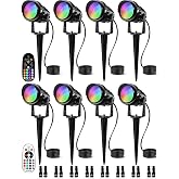 SUNVIE RGBW Color Changing Landscape Lights Low Voltage 8Pcs with Connector | Halloween Decoration Remote Control Waterproof RGB Low Voltage LED Landscape Lighting Spotlight Garden Yard Christmas Outdoor