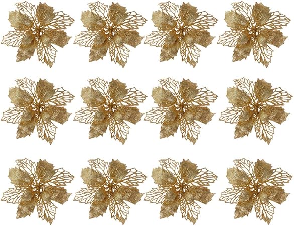 Stella Di Natale Glitter.Nuobesty 12 Pezzi Fiori Artificiali Di Natale Hollow Glitter Natale Stella Di Natale Fiori Albero Di Natale Fiori Ornamento Fai Da Te Ghirlande Natalizie Decorazioni Dorate Amazon It Casa E Cucina