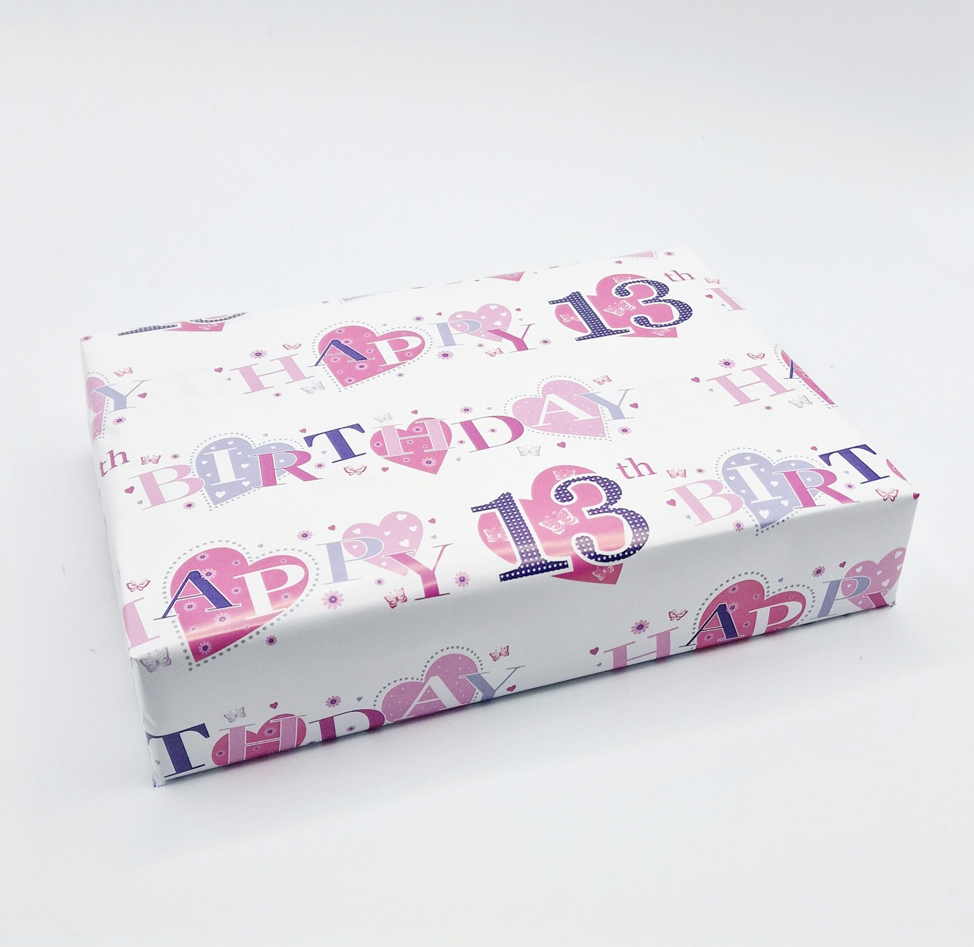 4 Sheets + 4 Gift Tags Heart Design 13th Birthday Pink Female Wrapping Paper Age 13 Birthday Gift Wrap Paper Pink Female (PA)