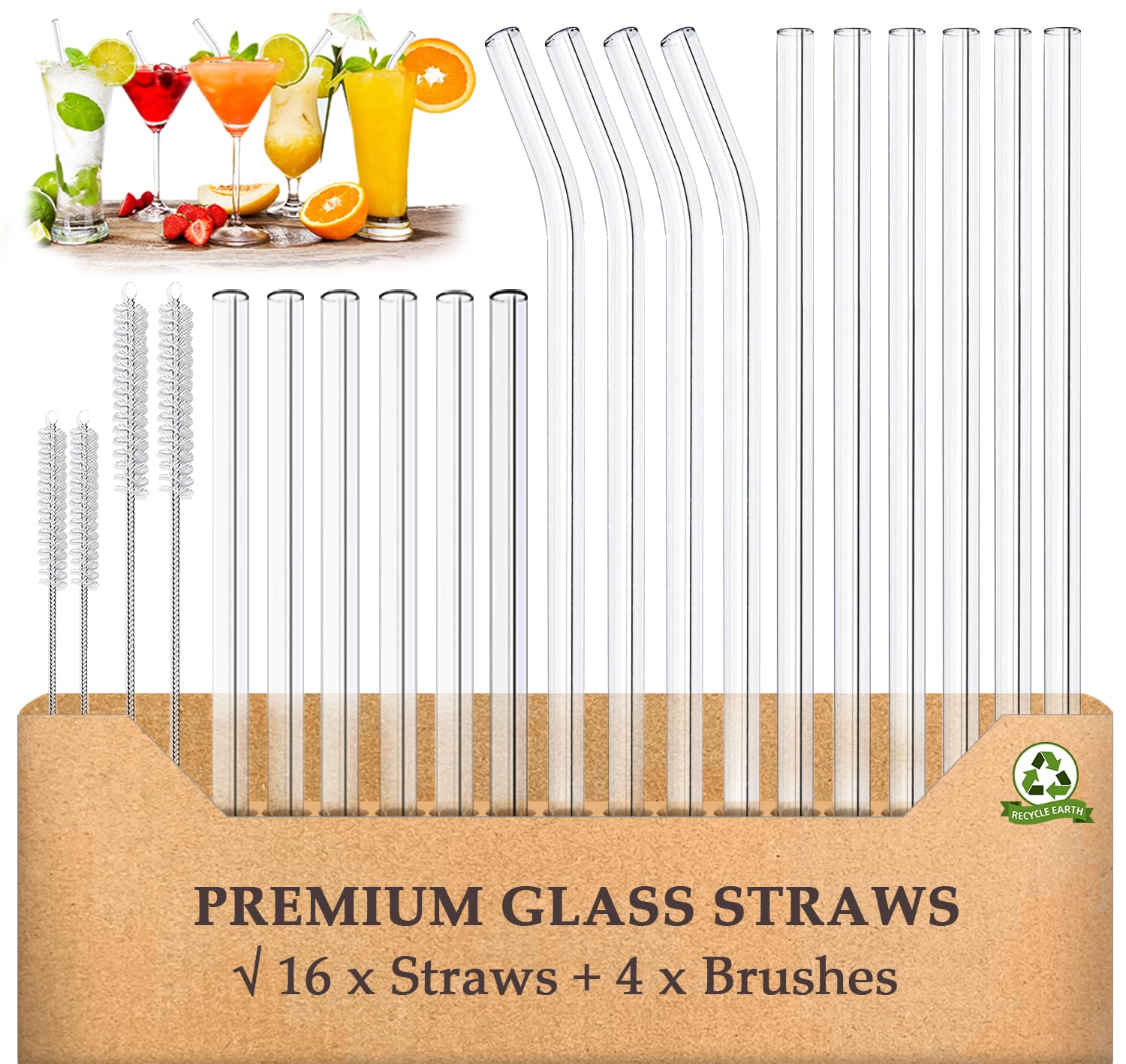 Glass Straws 20 Pack,Size 8.5''x10MM and 6''x10MM,Glass Straws Drinking,Eco Friendly Including 12 Straight and 4 Bent with 4 Brushes,Reusable Straw for Cocktail,Juice