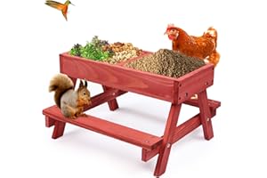 CHTSJQW Chicken Picnic Table, Chicken Feeder No Waste Handmade Wooden, Large DIY Chicken Feeder Kit, Wild Bird, Duck & Squirrel Feeders, Mesh Bottom Keep Food Fresh and Dry Easy to Clean and Fill（Red Paint