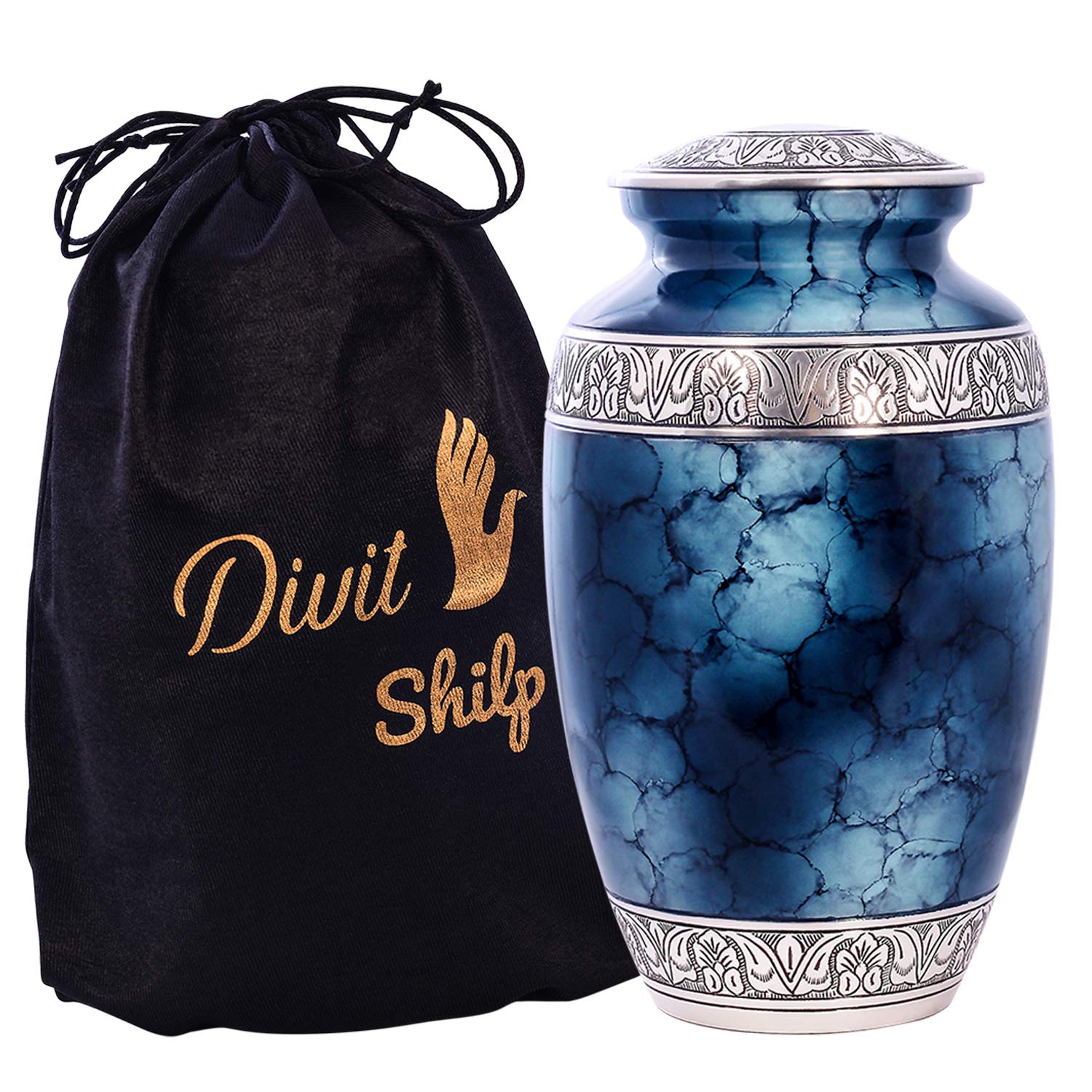 Cremation Urn for Human Ashes with Velvet Bag, for Adults up to 100 kgs, Funeral Urns by Divit Shilp (Blue, Adult)