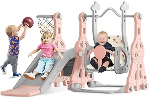 BIERUM 4 in 1 Toddler Slide and Swing Set, Baby Slide for Toddlers Age 1-2, with Basketball Hoop, Indoor Outdoor Toddler Playset Pink