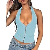 Fallorchid Womens Sleeveless Tank Tops Sexy Y2k Halter V Neck Ribbed Kint Crop Top