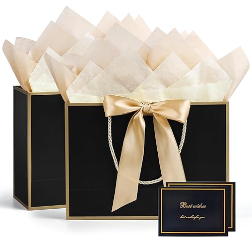 BBLIKE Medium Gift Bags for Present - 2 Pcs Birthday Gift Bag with 4 Wrappers and 2 Cards, Luxury Paper Bags with Handles for Girls Boys Wedding Party Christmas Valentines Bridesmaid (Golden-Black)
