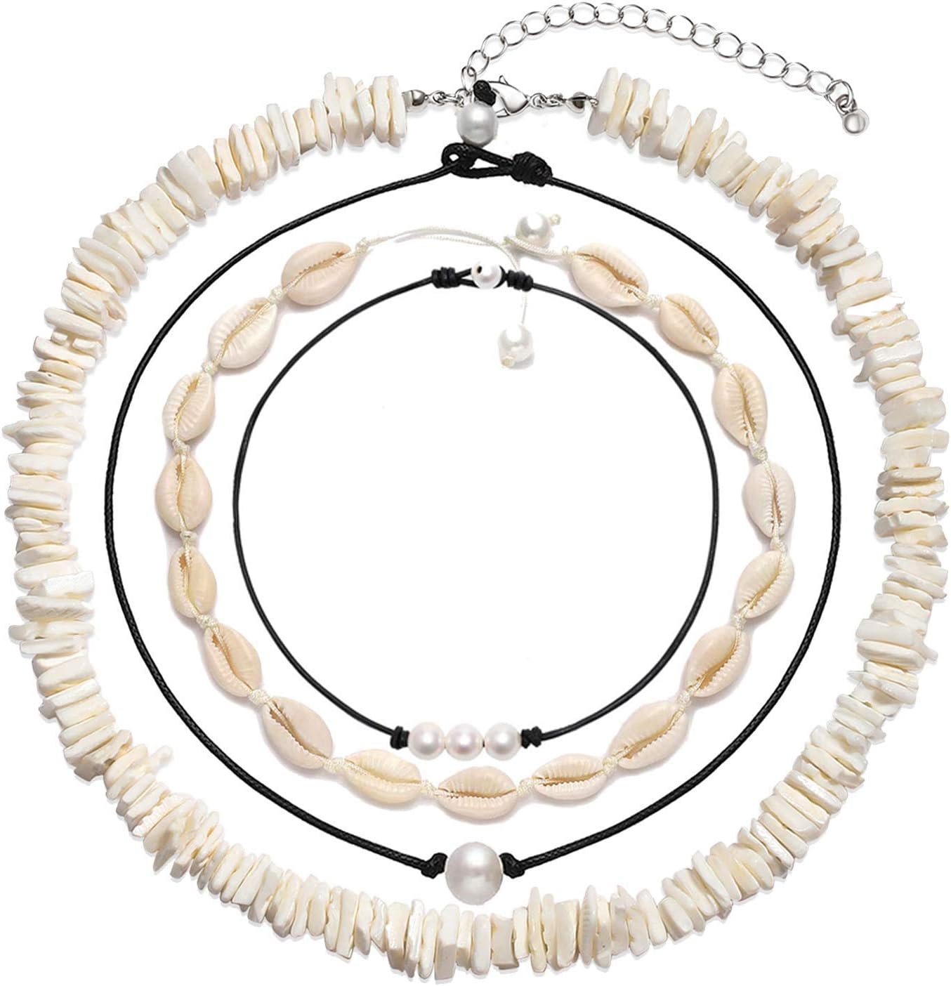 Shell Choker Necklace Mixed 4 Pcs Puka Chip Shell Necklace Hawaii Beach Cowrie Seashell Necklace Pearl Choker Necklace Jewelry for Women Men (4 Pcs Choker Set)
