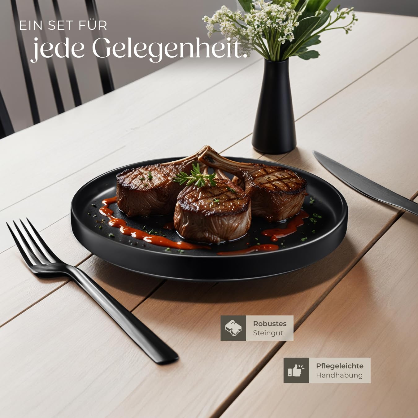 tectake® 24-tlg. Geschirrset, Tafelservice 6 Personen, Steingut Geschirr Set schwarz, Teller Set mit Schalen, Speiseteller, Frühstücksteller, tiefe Teller und Schüsseln - schwarz 4