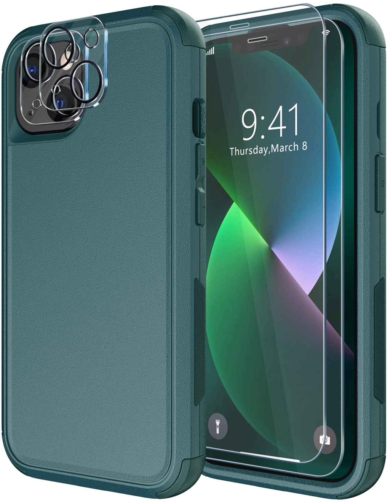 Diverbox for iPhone 13 Case [Shockproof] [Dropproof] [Tempered Glass Screen Protector + Camera Lens Protector],Heavy Duty Protection Phone Case Cover for Apple iPhone 13 (Dark Green)