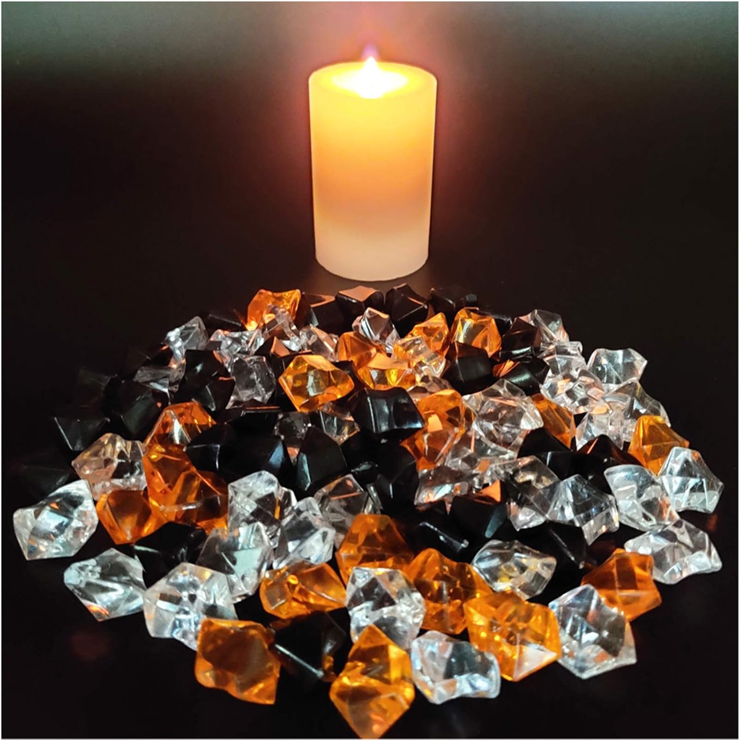 Vase Fillers - Fake Ice Rocks Crystal Cubes Stones Acrylic Gems for Vase Fillers, Crafts,Halloween Decor,Table Scatter,Home Decoration,Clear,Orange,Black,15 OZ