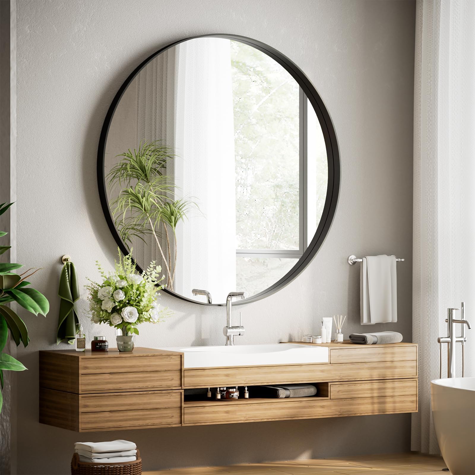 Photo 1 of VooBang 48 inch Round Bathroom Mirror, Large Black Modern Circle Wall Mounted Mirror with Gorgeous Circular Deep Frame for Bathroom, Living Room, Bedroom