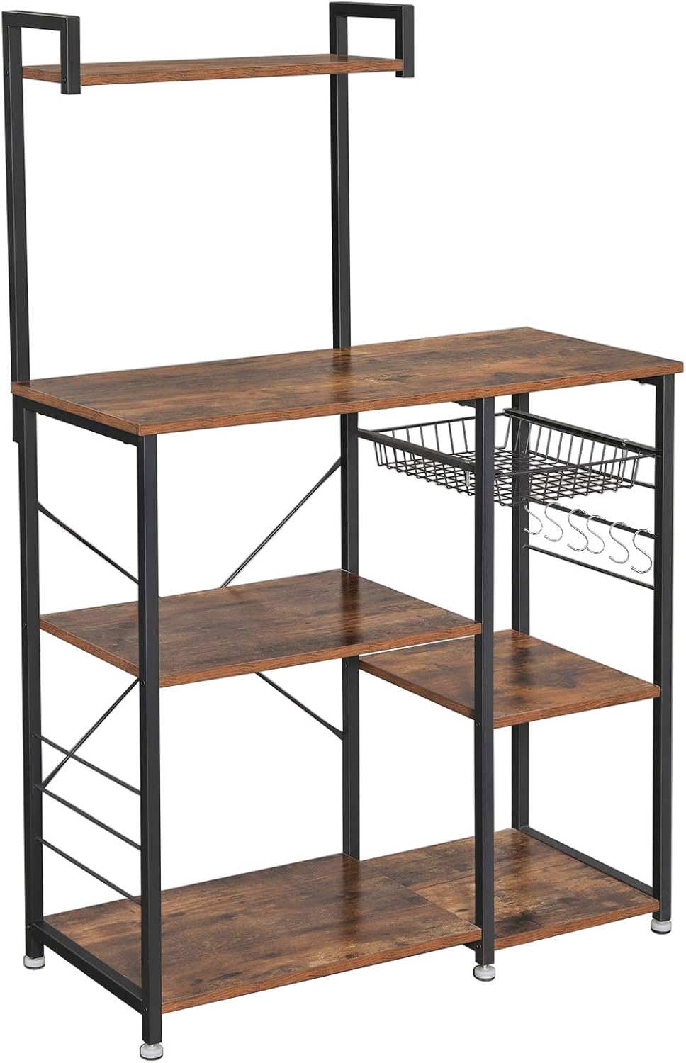 VASAGLE Baker’s Rack with Shelves, Kitchen Shelf with Wire Basket, 6 S-Hooks, Microwave Oven Stand, Utility Storage for Spices, Pots, and Pans, Rustic Brown and Black UKKS35X - Standing Baker's Racks