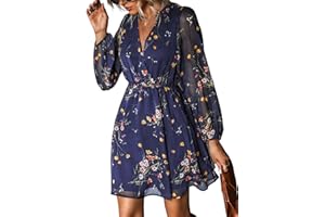 CUPSHE Women's Mini Dresses Casual Spring V Neck Chiffon Long Peasant Sleeves Flowy Autumn Dress