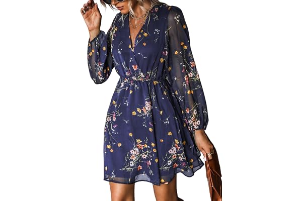 CUPSHE Womens Fall Floral Dress Boho Vacation Mini Wedding Guest Dresses | Casual Long Sleeve V Neck, Lightweight Chiffon, El