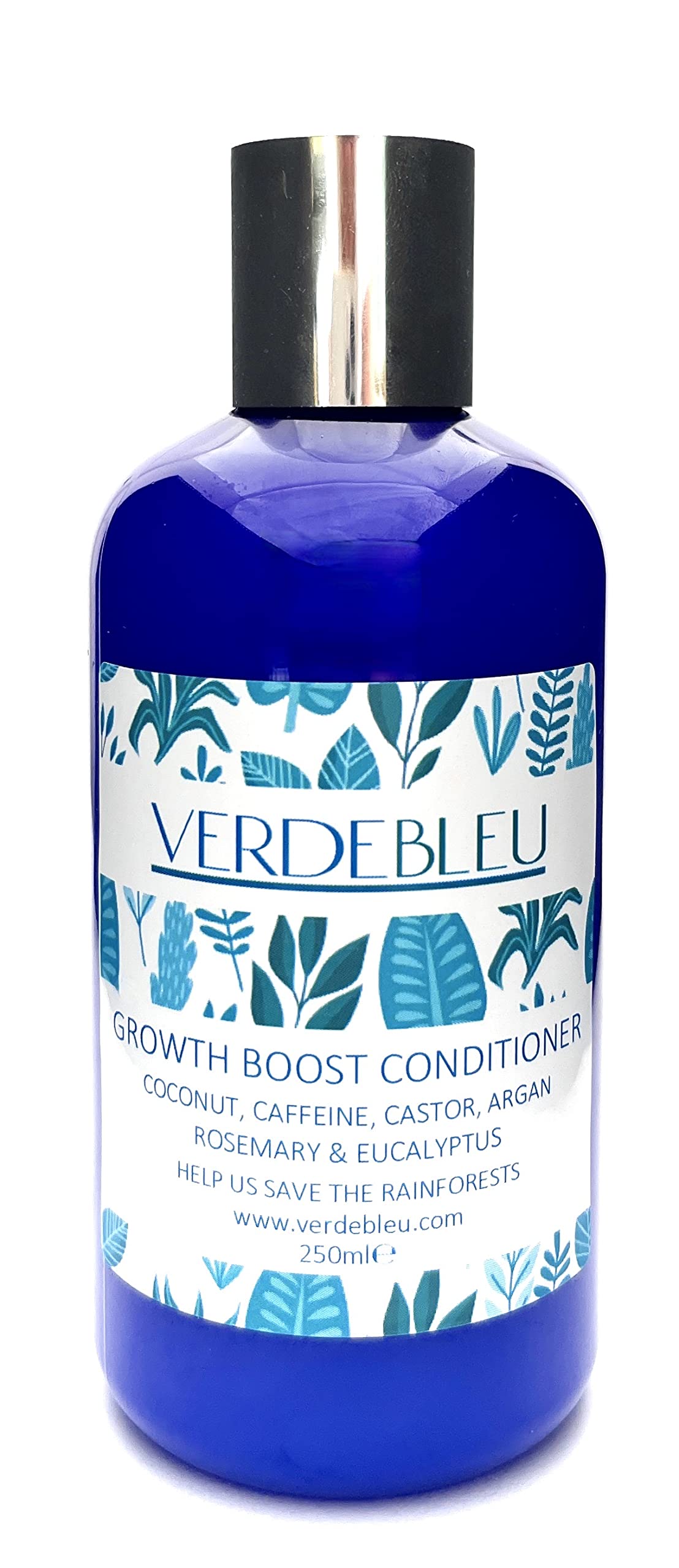 Verdebleu - 99% Natural Growth Boost Conditioner: Caffeine, Coconut, Rosemary, Eucalyptus, 250ml. No Silicone/Parabens. We Donate 5% of Profit to Save the Rainforest.