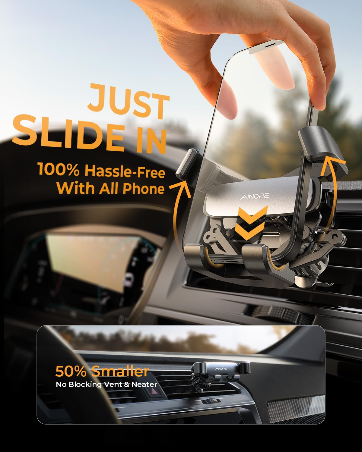 AINOPE for iPhone 17 Pro Max Car Mount Phone Holders for Your Car [Slide Design] Air Vent Phone Mount [Top Clamp] Cell Phone Holder Car Interior Accessories for iPhone Air 17 Pro Max 16 Samsung S25