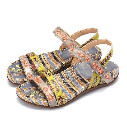 Camfosy Damen Leder Sandalen Vintage Stroh Sandale Flip Flops mit Einlegesohle Geflochtene Komfortable Flache Schuhe Urlaub F