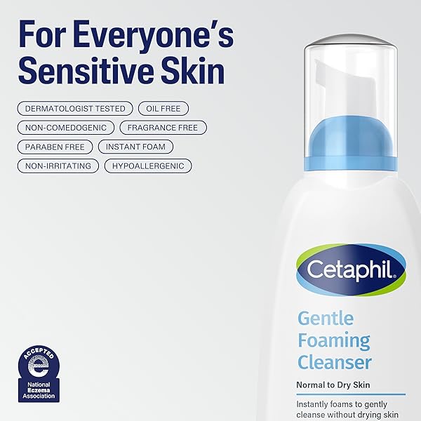 CETAPHIL OIL FREE GENTLE FOAMING CLEANSER FOR DRY TO NORMAL, SENSITIVE SKIN, 8OZ PACK OF 2, MADE WITH GLYCERIN AND VITAMINS B5 AND E, DERMATOLOGIST TESTED, HYPOALLERGENIC, SOAP AND FRAGRANCE FREE