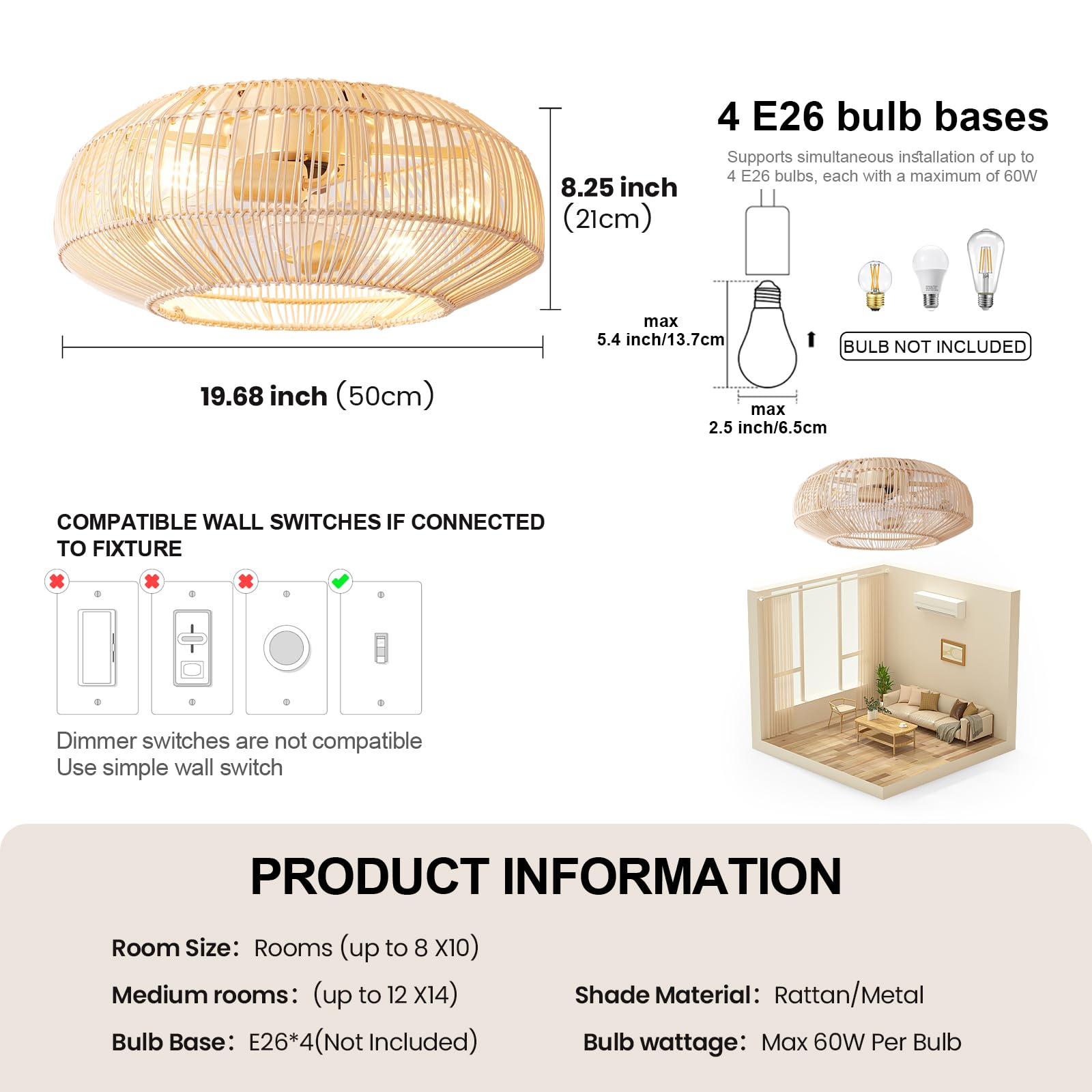 20'' Boho Rattan Ceiling Fan with Light, Coastal Caged Ceiling Fans with Lights and Remote Control, Enclosed Hidden Flush Mount with Reversible 6 Speeds for Living Room Bedroom Nursery