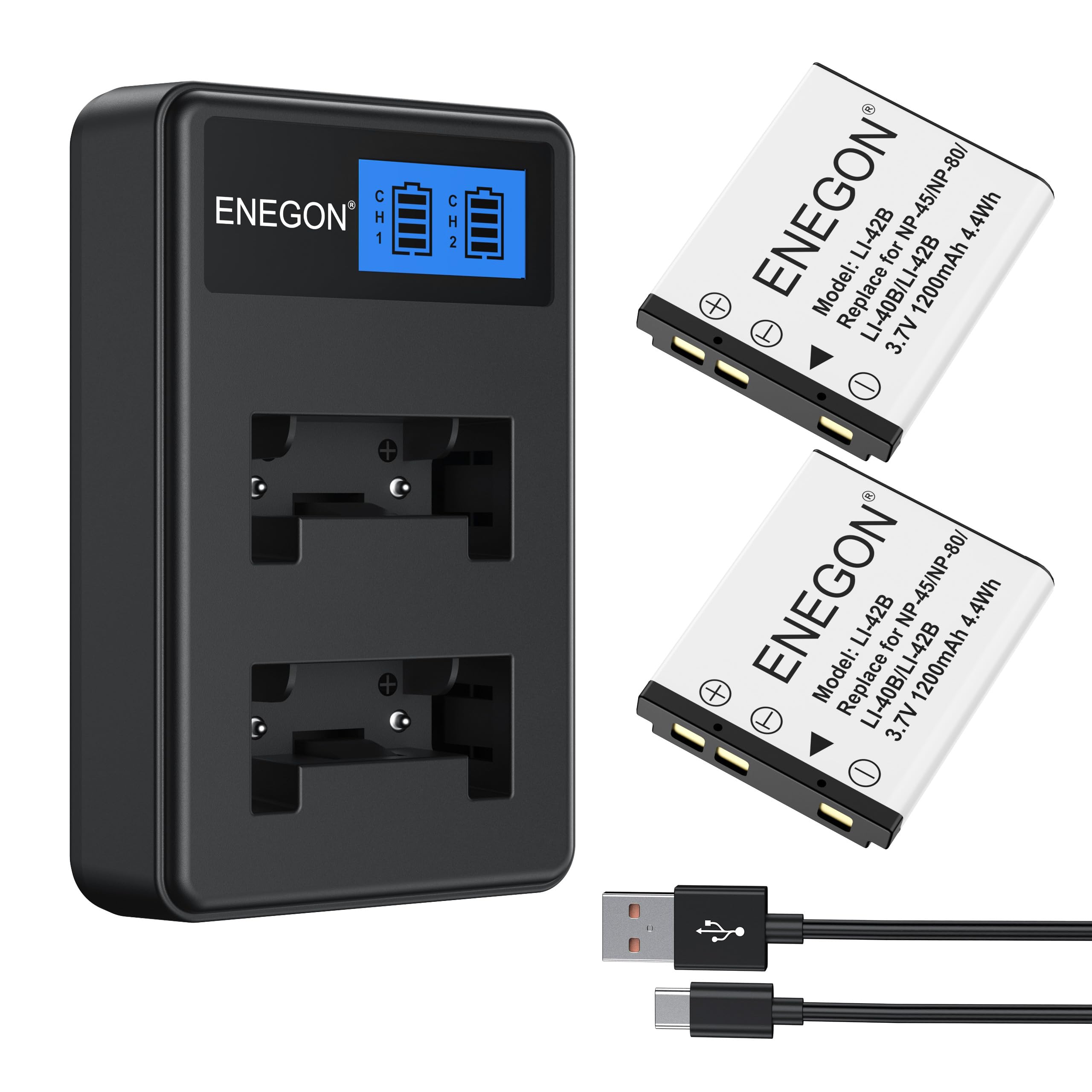 ENEGON Replacement Battery and Dual LCD Charger for Olympus Li-40B Li-42B Nikon EN-EL10 Fuji NP-45 NP-45S Casio NP-80, Fujifilm INSTAX Mini 90 and FinePix XP50 XP60 J10 J15 J100 J110w T550 JX500 Etc.