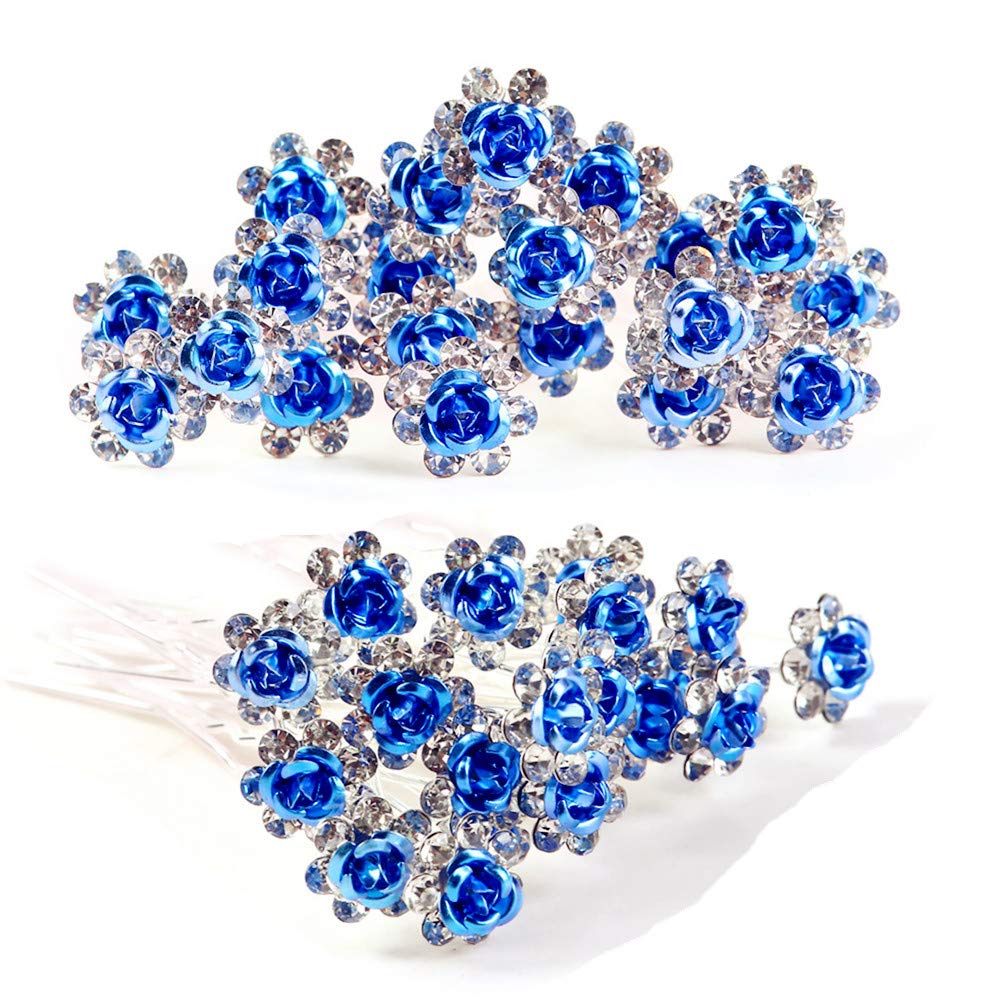 40 Pieces Hair Pins Crystal Diamond Rose Flower Hair Clips for Bridal Wedding Prom Special Occasion (Royal Blue)
