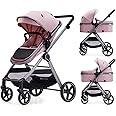 Lortsybab 2 in 1 Baby Stroller, Newborn Infant Toddler Convertible Bassinet Pram Stroller for 0-36 Months Old Babies (Pink)