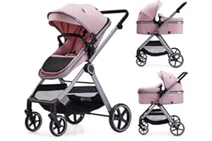 Lortsybab 2 in 1 Baby Stroller, Newborn Infant Toddler Convertible Bassinet Pram Stroller for 0-36 Months Old Babies (Pink)