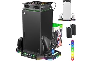 LUCKIT Cooling Fan Charging Stand for Xbox Series X Console Accessories, Vertical Cooler Charge System Dual Controller Charger Station Dock with 2 x 1400mAh Rechargeable Battery, 9 Light Modes, Games Storage
