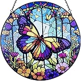 12''Stained Glass,Large Butterfly Decor Window Hanging,Handmade for Window Decoration,Painted Stained Glass Suncatcher,with Metal Chain