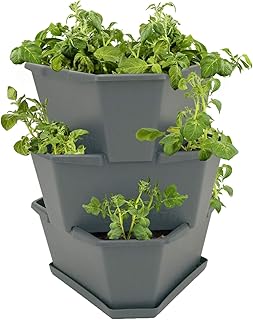 Paul Potato Starter Kartoffelturm - stapelbar - Hochbeet/Pflanzgefäß/Blumentopf für Balkon, Garten und Terrasse (3 Etagen, Anthrazit/Grau) inkl. Untersetzer