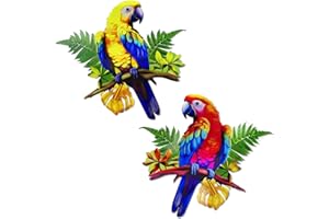 ULENDIS 2 Pack Metal Parrot Wall Decor, 11.8" Bright Color Tropical Bird Macaw Outdoor Wall Art Patio Fence Decorations, Hanging Bird Decor for Garden Yard Living Room Bedroom Balcony