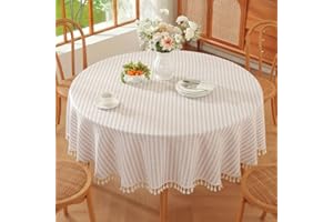 TruDelve Round Table Cloths 60 Inch Beige Striped Cloth Tablecloth Boho Fall Round Tablecloth for Outdoor Picnic Table Cover 