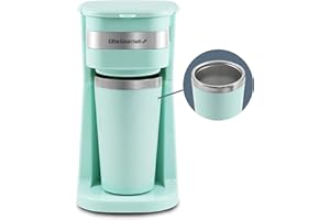 Elite Gourmet EHC117M Personal Single-Serve Compact Coffee Maker Brewer Includes 14Oz. Thermal Travel Mug with Stainless Steel Interior, Compatible with Coffee Grounds, Reusable Filter, Mint