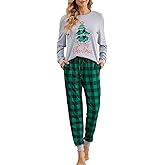 difficort Womens Christmas Pajama Sets Long Sleeve Pjs Plaid Pants 2 Piece Sleepwear with Pockets