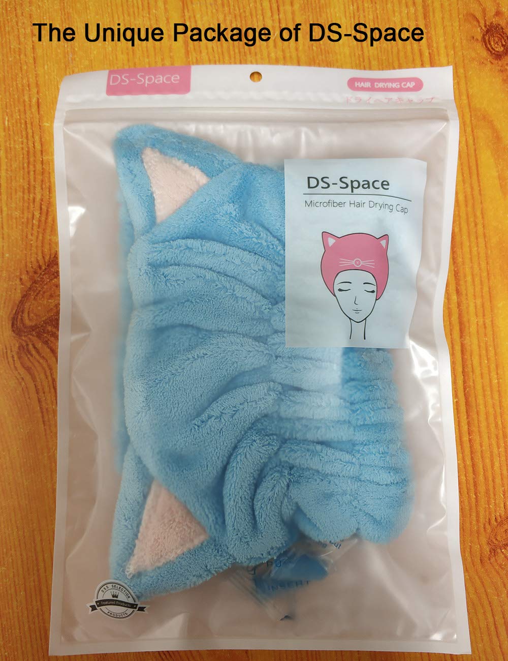 DS-Space Adjustable Microfiber Cute Cartoon Cat Hair Drying Cap Ultra Soft Absorbent Dry Hat Hair Wrap Towel, Reduce Hair Drying Time for Women Adults or Kids Girls (Blue)