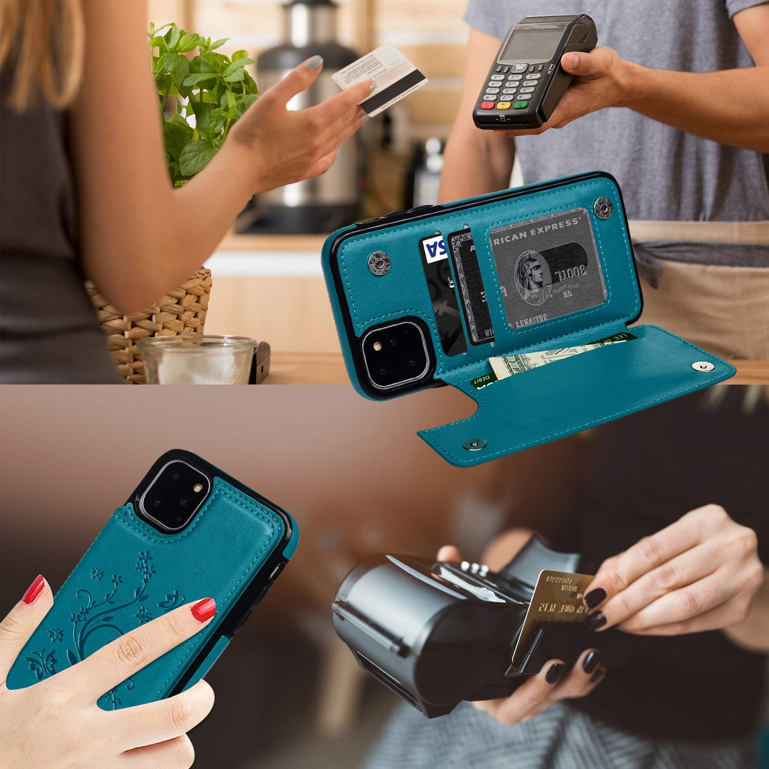 SUPWALL iPhone 11 Pro Max Wallet Case, Case with Card Holder Embossed Butterfly Premium PU Leather Double Magnetic Buttons Flip Shockproof Protective Cover for iPhone 11 Pro Max 6.5 inch, Blue