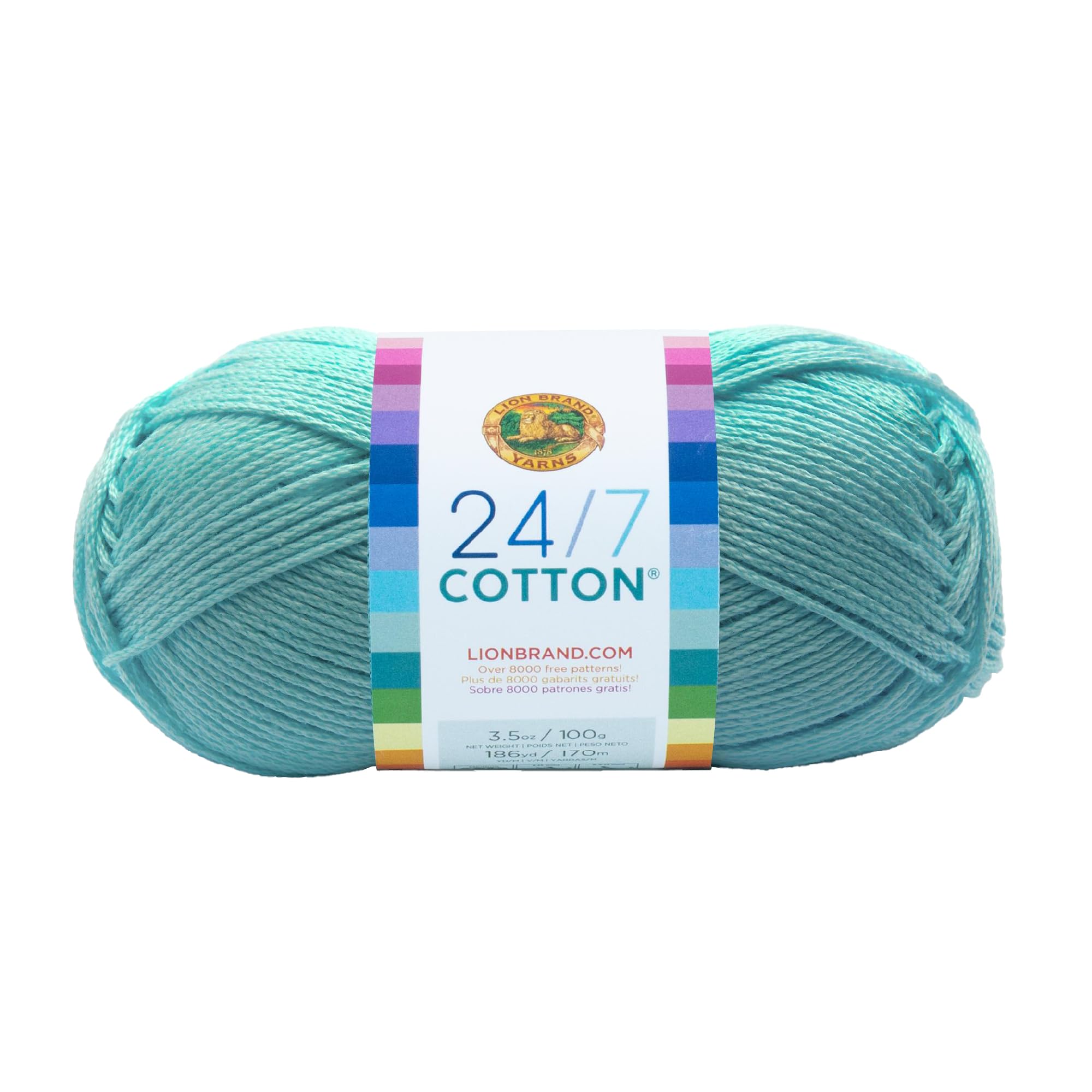 Lion Brand Yarn, 24/7 Cotton Mercerized Lightweight Yarn for Knitting, Crochet, and Crafts, Aqua, 1 Pack, 185 Yards of Natural Fiber for Breathable Tops, Durable Bags, and Easy-Care Dish Cloths