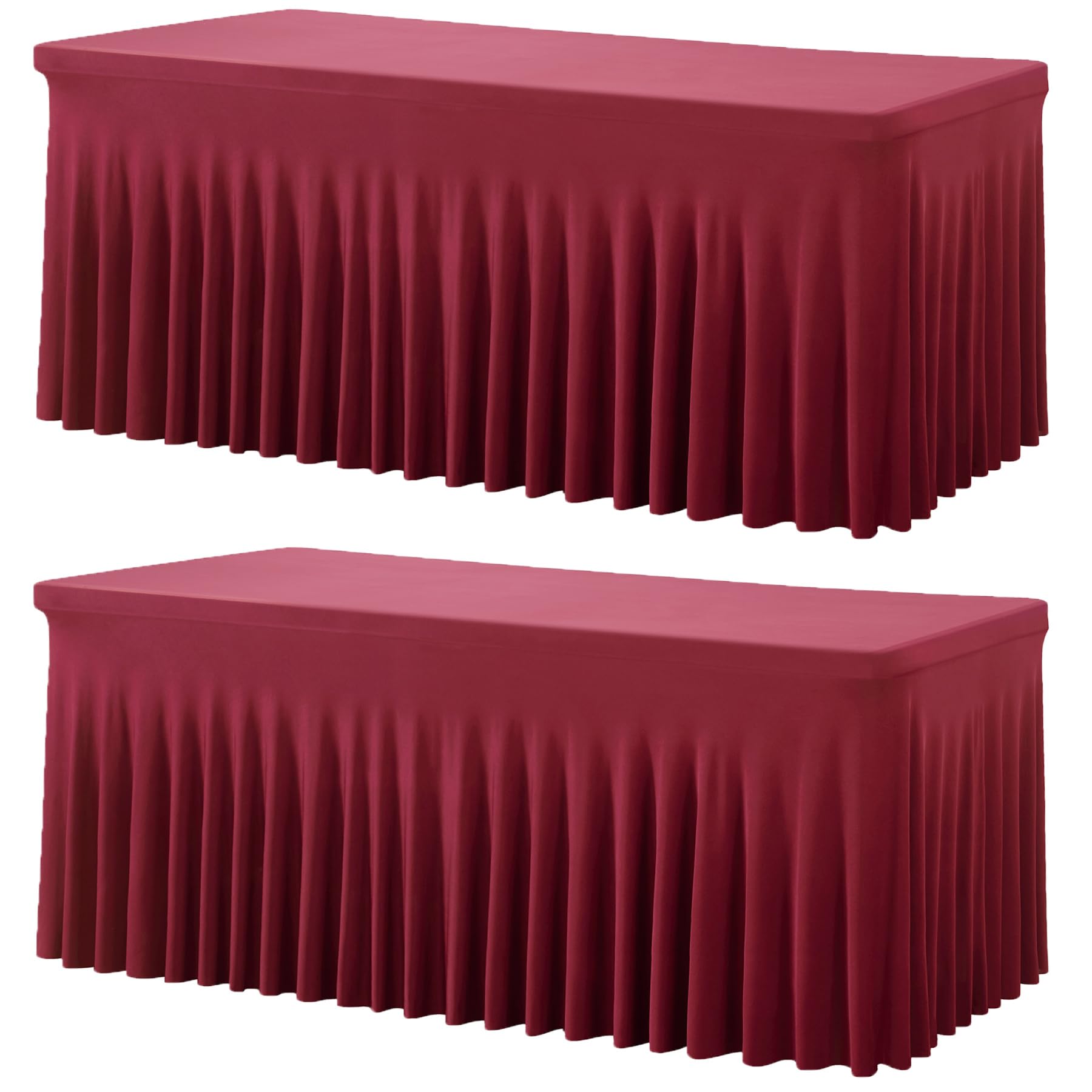 Photo 1 of 2 Pack Burgundy Spandex Table Clothes for 6 Foot Rectangle Tables, Wrinkle Free Fitted Table Cover 6ft Maroon Stretch Tablecloths with Skirt for Parties Weddings Birthday Banquet Baby Shower