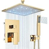 Polished Gold Shower System 12 Inch LED Square Rainfall Shower Head Ceiling Mount Shower Faucet Set with Hand Sprayer Rough-in Valve Trim Kit Bathroom Mixer Shower Combo Set